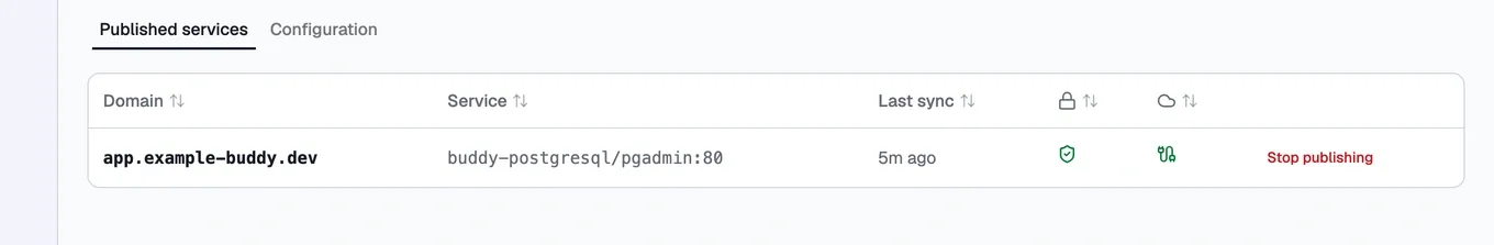 The Published services tab: app.example-buddy.dev serving buddy-postgresql/pgadmin on port 80, last synced five minutes ago, with its certificate and DNS both marked healthy, and a Stop publishing action.